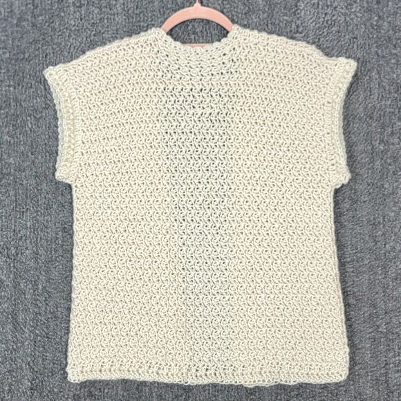 Hand Made Knit Sweater Vest Womens Small Ivory Crochet Open Front Cardigan - Picture 7 of 8